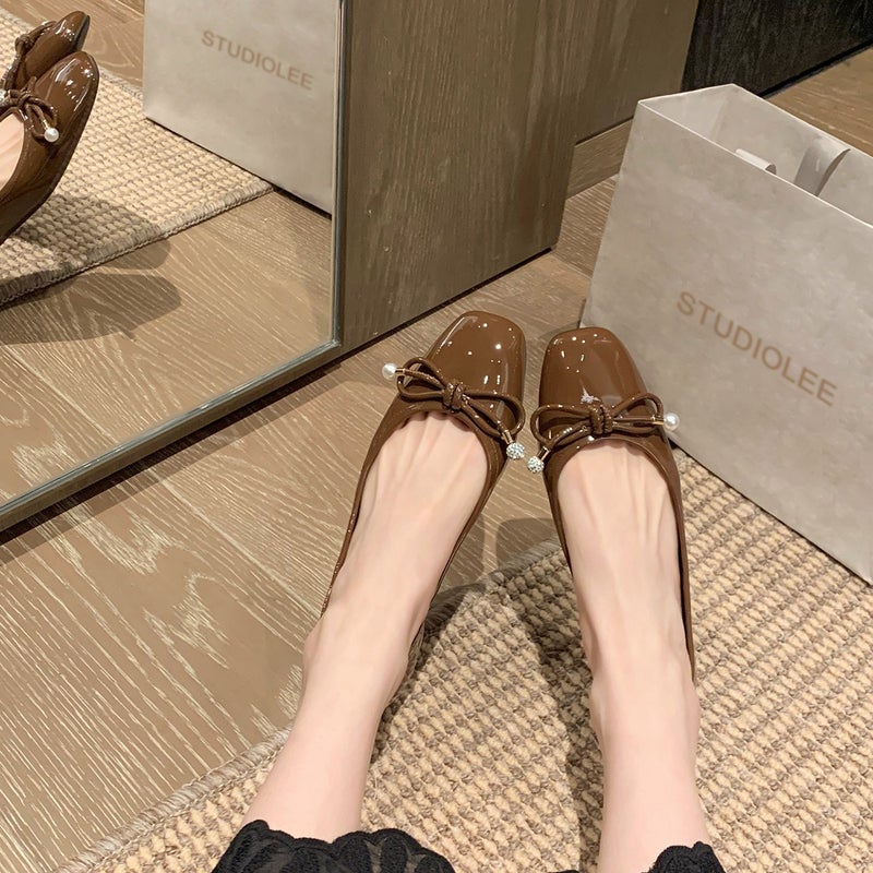 Spot Seconds Hair! Grape Mom Same Shoes Classic Round Head Bow Rhinestone Shallow Mouth Delicate Pearl Ballet Shoes - Image 5